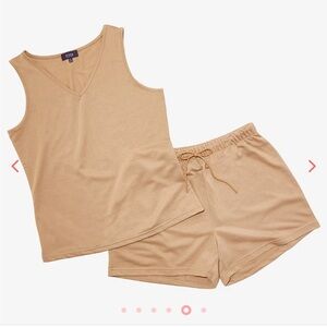 2 piece Camel French Terry Lounge Set with elastic waistband and drawstring